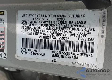 2004 Toyota Corolla Le z USA, uszkodzony, nr VIN 2T1BR32E84C259212